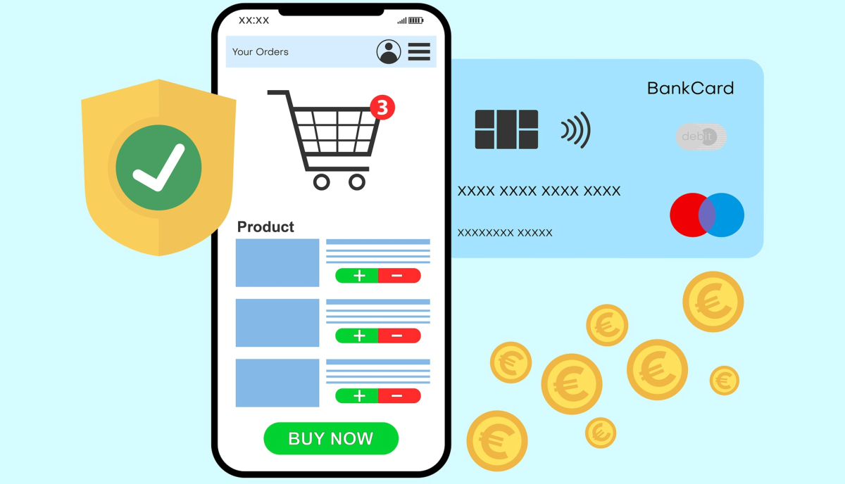 A smartphone screen displays an online shopping cart, a credit card, euro coins, and a shield with a checkmark, symbolizing secure online purchasing—AI streamlines product descriptions so you can write faster and boost sales.