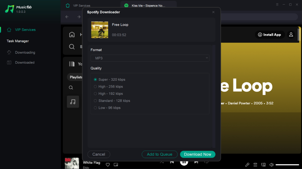 A music downloading software window shows "Free Loop" by Daniel Powter with format and quality options, plus Spotify to MP3 conversion features, and "Download Now" and "Add to Queue" buttons at the bottom.