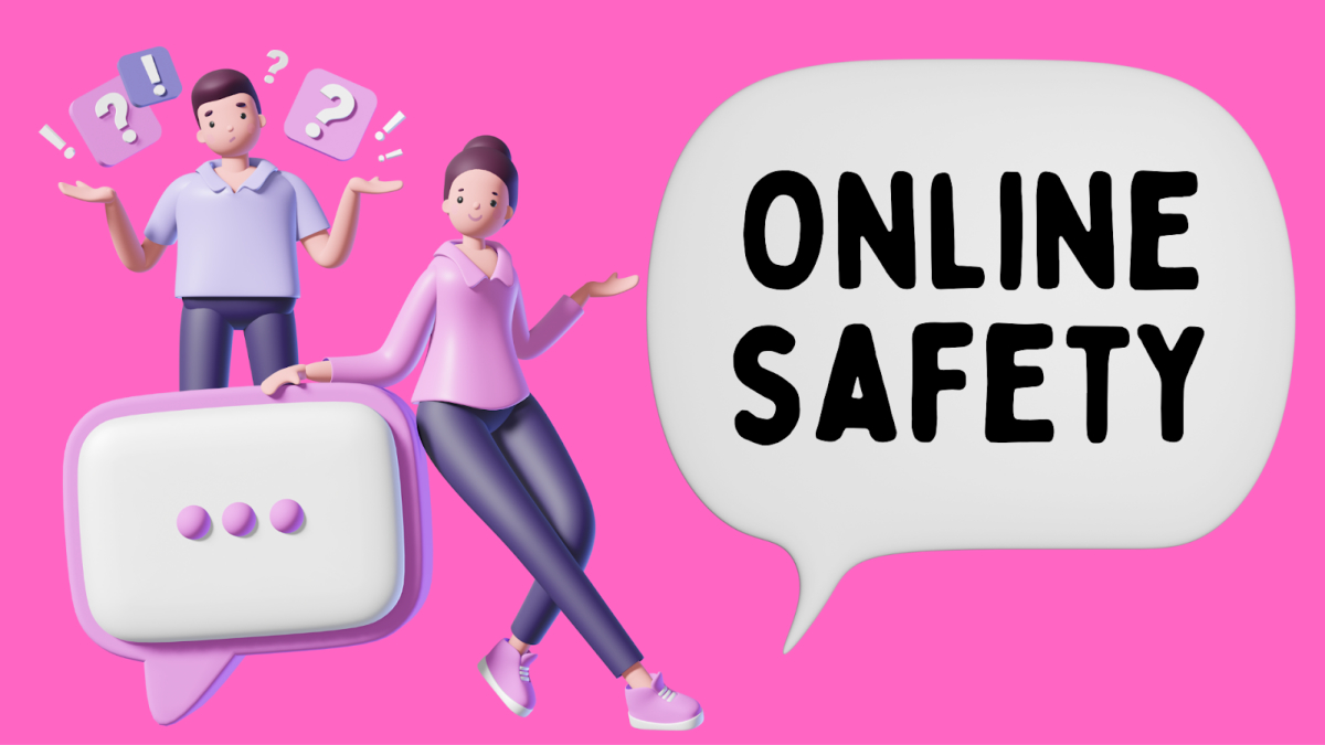 Two illustrated characters with speech bubbles, one reading “ONLINE SAFETY,” stand against a bright pink background, highlighting the importance of cyber security and protecting personal information.