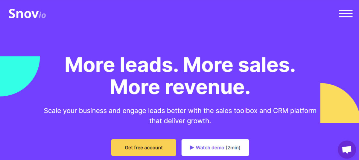 Snovio website homepage with the headline "More leads. More sales. More revenue." highlights outbound lead generation and features buttons for "Get free account" and "Watch demo (2min)" on a purple background.