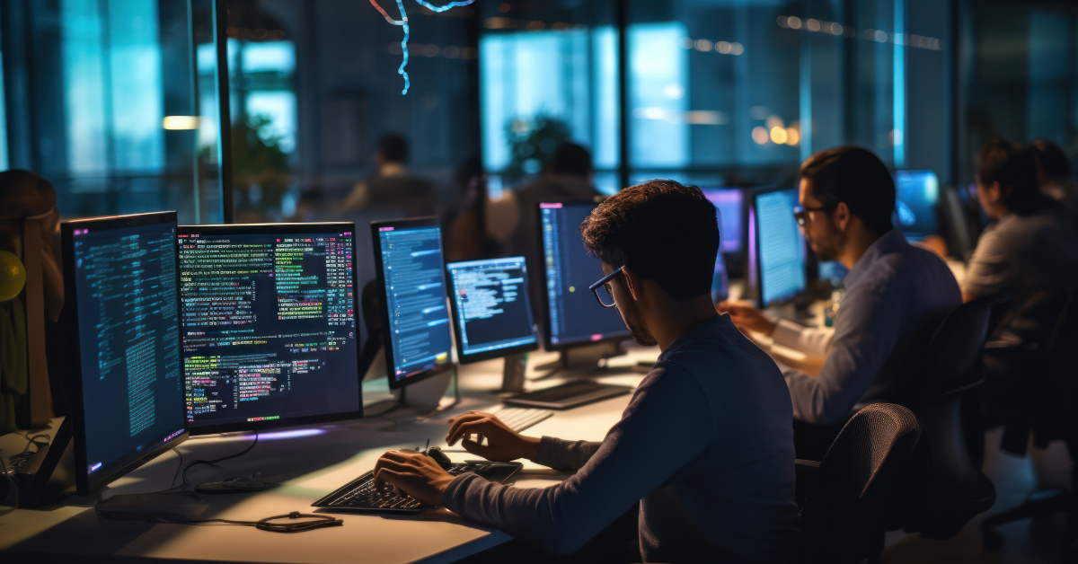 Several people work at desks with multiple computer monitors displaying code and data in a modern office, collaborating on software product development using an agile development methodology during the evening.