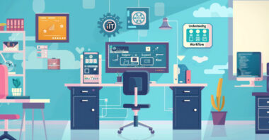 A modern office workspace features a central desk with dual monitors displaying workflow, support information, and explainer videos, surrounded by technology, plants, and organized shelves to help increase conversion.