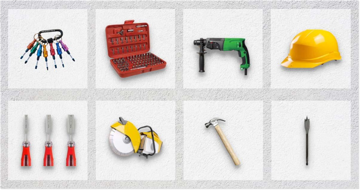 A set of eight construction tools from an Online Hardware Store, including screwdrivers, drill bits, a power drill, hard hat, chisels, measuring tape, hammer, and a spade drill bit—perfect for any project in Australia.