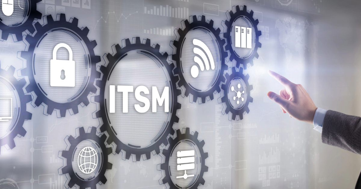 A person points at virtual gears displaying ITSM and technology icons, such as a lock, Wi-Fi, cloud, and servers, representing IT service management and Business Automation concepts.
