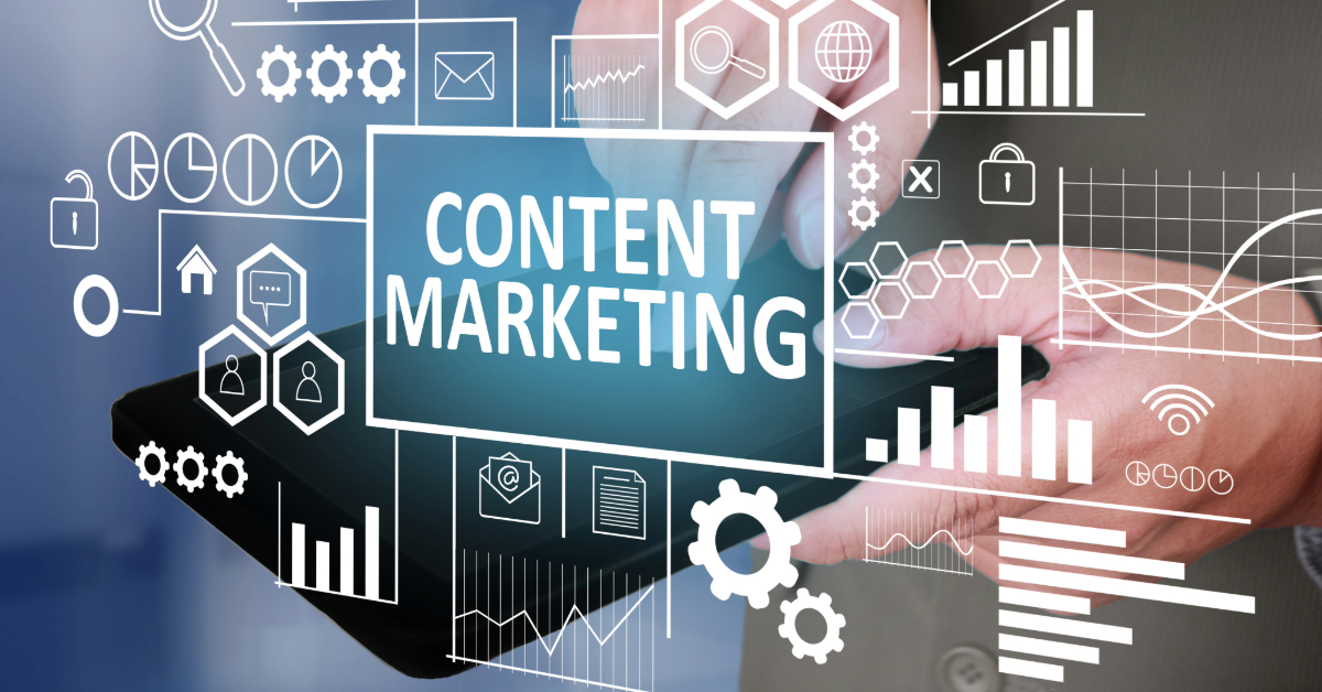 A person uses a tablet with the words "Content Marketing" displayed, surrounded by digital marketing and data analysis icons, illustrating how a content marketing agency boosts brand visibility through strategic insights.