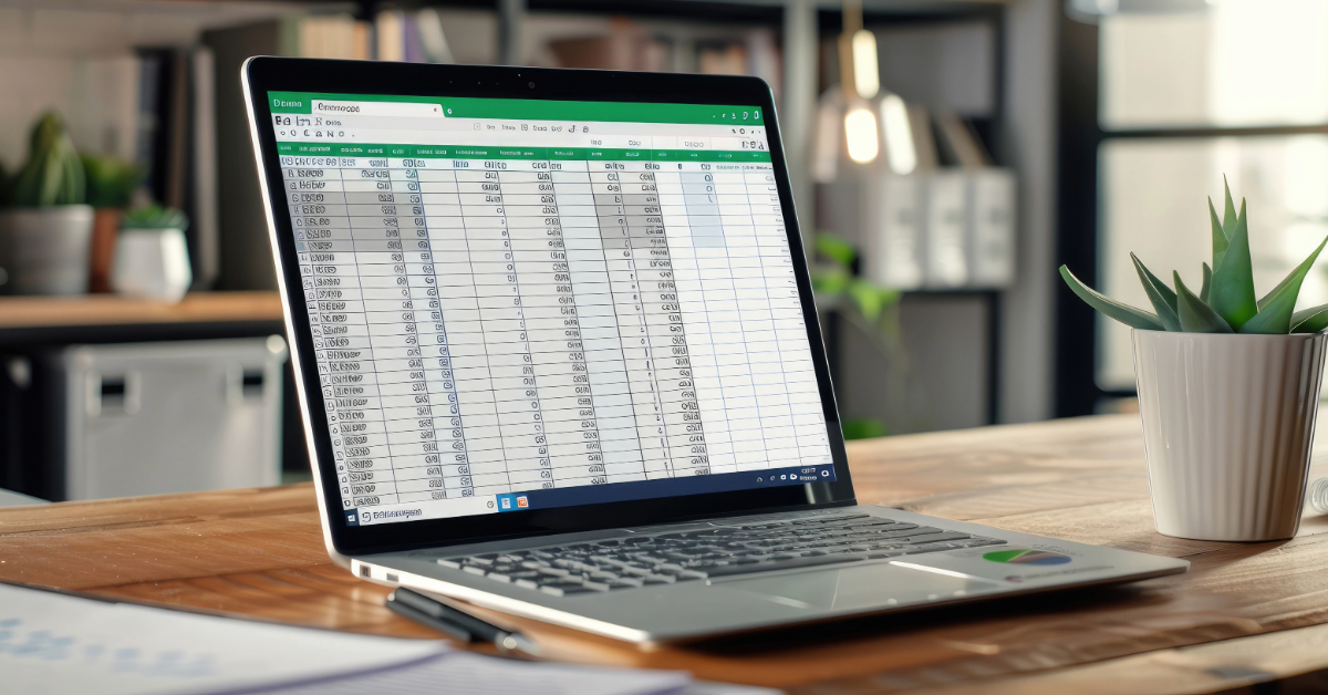A laptop on a wooden desk displays a spreadsheet in Microsoft Excel, showing data converted with a JPG to Excel converter. A potted plant and office shelves decorate the background.