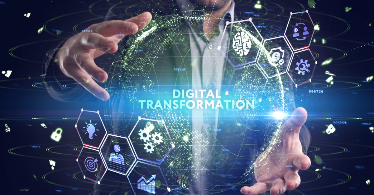 A person holds a digital globe with the words "Digital Transformation" and technology icons, highlighting innovative leadership and concepts like AI, automation, and innovation for business success through digitalization.