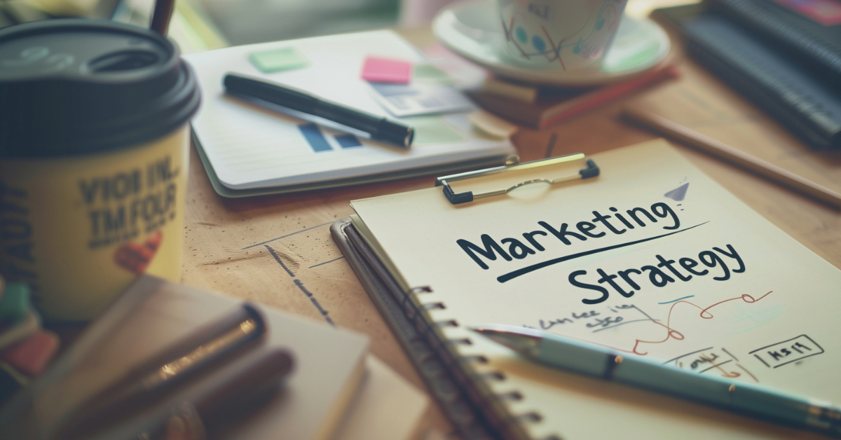 A desk with a notebook labeled "Marketing Strategy 2024," surrounded by a coffee cup, pens, sticky notes, and office supplies—perfect for brainstorming new marketing techniques to drive sales growth.