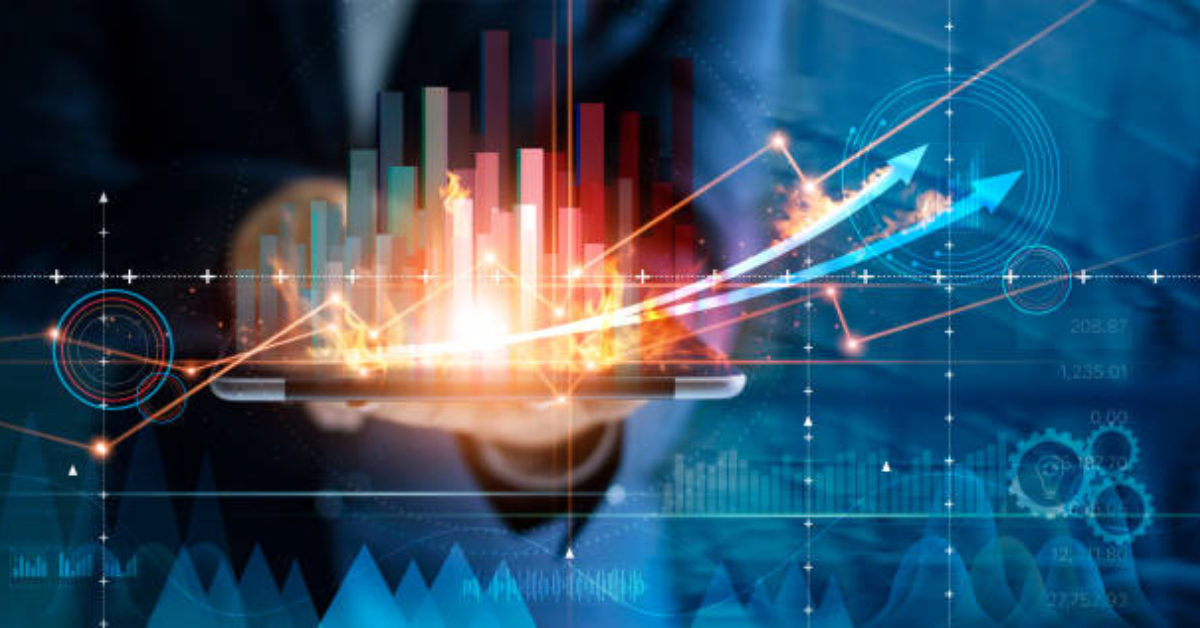 A person holding a tablet with digital graphs and charts, depicting rising bar graphs and upward arrows, symbolizing e-commerce growth on Shopify and effective marketing strategies.