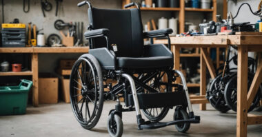 A black manual wheelchair, a standout among mobility aids, is positioned in the center of a cluttered workshop with wooden workbenches and various tools in the background.