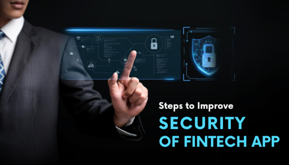 A person in a suit points at a virtual security interface with digital padlock icons; text reads “Fintech app steps to improve security of your fintech app.”.