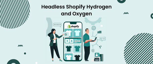 Two people interact with a large smartphone displaying a Shopify store interface, with text reading "Headless Shopify Hydrogen and Shopify Oxygen" above the scene.