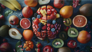 A variety of fruits are arranged around and inside a model of a human brain, illustrating a connection between nutrition, brain vitamins, and brain health.