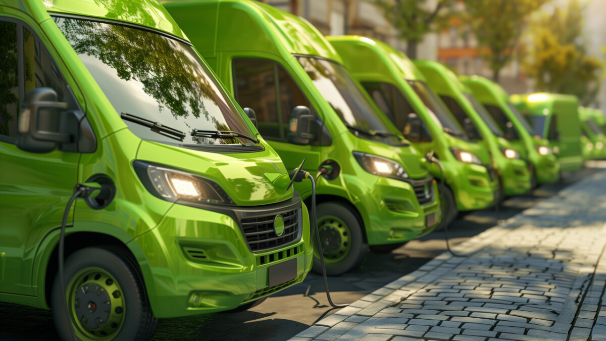 A row of green electric delivery vans is parked on a city street, each connected to a charging station, showcasing efficient fleet performance and eco-friendly operations.