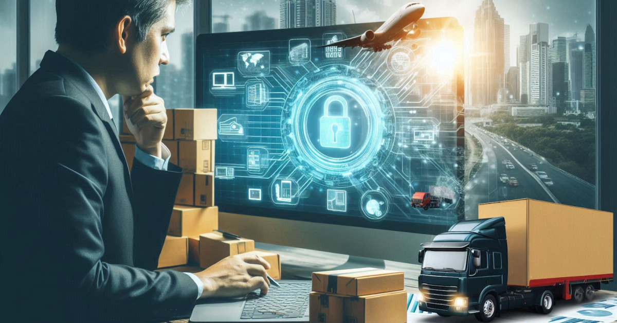 A man at a desk with shipping boxes works on a computer displaying a digital lock and logistics technology icons, with trucks, planes, and a cityscape in the background.