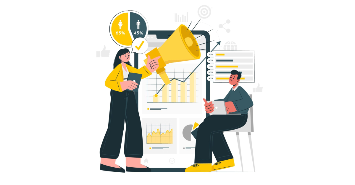 Illustration of a woman holding a large megaphone and a man sitting with a phone, with charts, graphs, and demographic data in the background—highlighting technology’s role in strategic marketing.