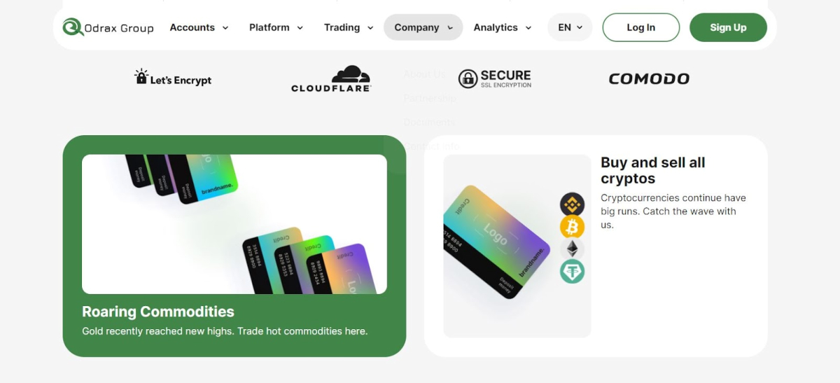 Screenshot of the odraxgroup.com homepage featuring digital cards, security badges, and sections dedicated to commodities, cryptocurrency trading, and Long-Term Investments.