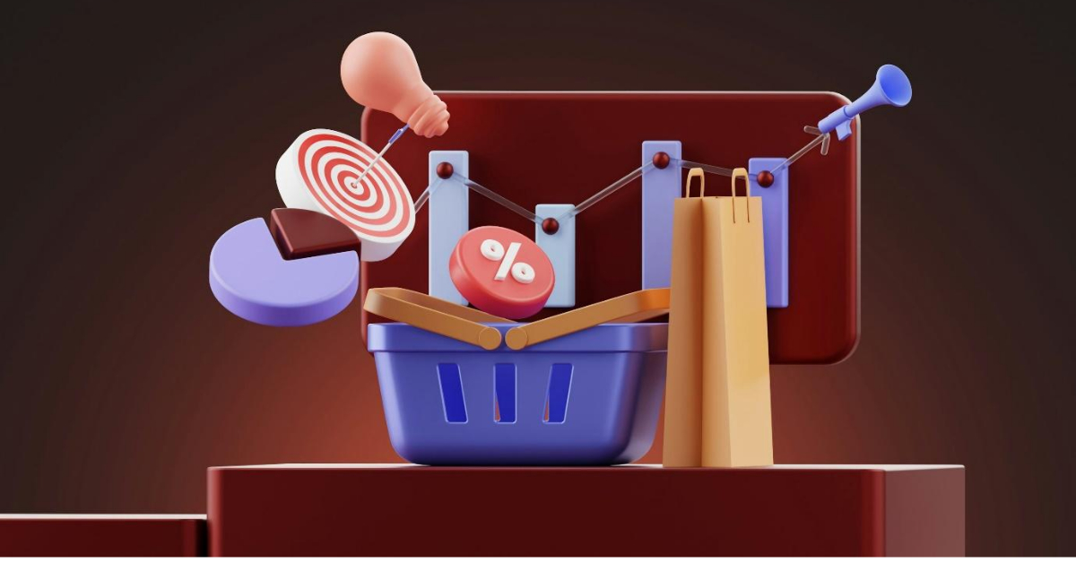 3D illustration of a blue shopping basket with a pie chart, target, percent sign, lightbulb, paper bag, and megaphone floating around it, symbolizing 2024 E-commerce trends and strategies to boost sales in marketing and shopping.