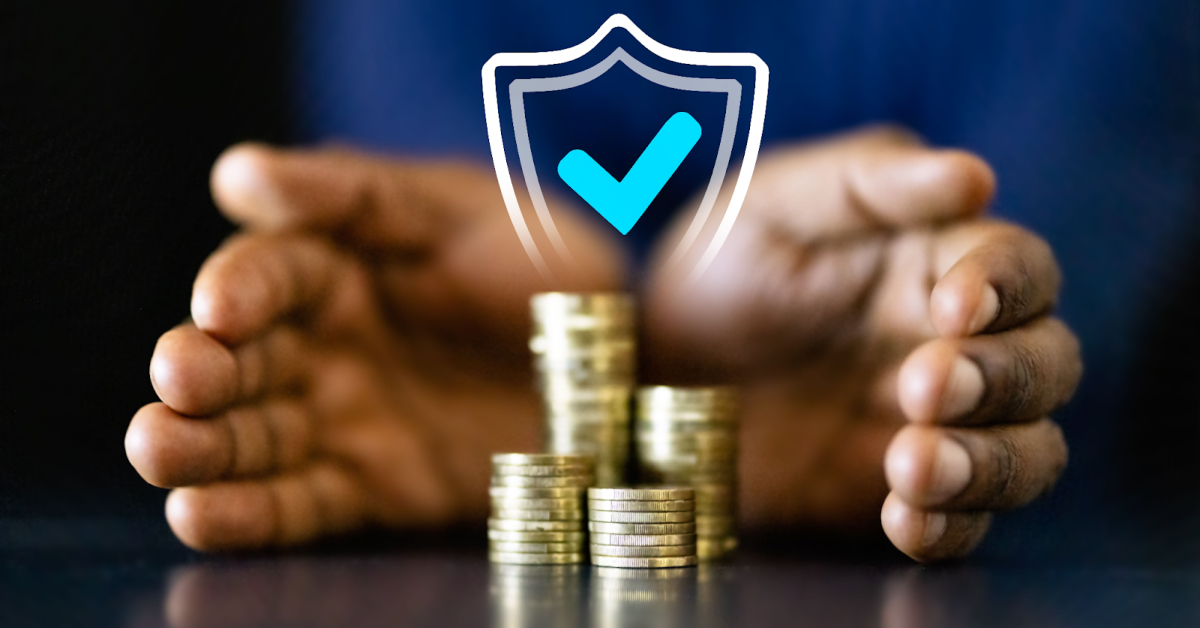 Hands surround stacked coins with a digital shield and checkmark symbol above, representing affordable life insurance for entrepreneurs and financial protection.
