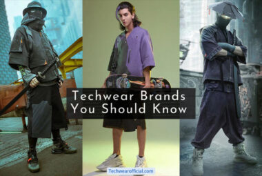 Three models wear techwear clothing in urban settings. Text overlay reads "Techwear Brands You Should Know." Perfect for those seeking a beginner's guide to functional, futuristic outfits or interested in selling techwear online.