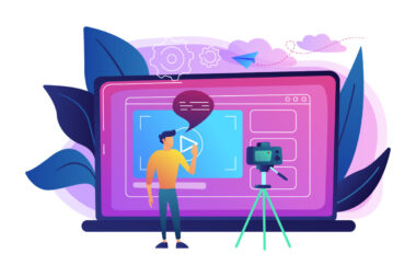 Illustration of a creator standing before a large laptop screen with video interface graphics and a camera on a tripod, symbolizing content creation on a top platform for creators.