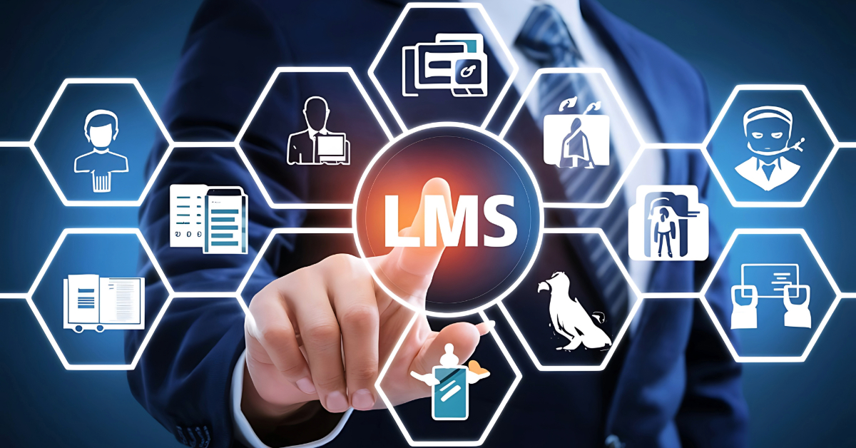 A person in a suit points at a virtual interface with icons related to learning management systems (LMS), showcasing how bespoke LMS solutions and e-learning platform builders shape digital education.
