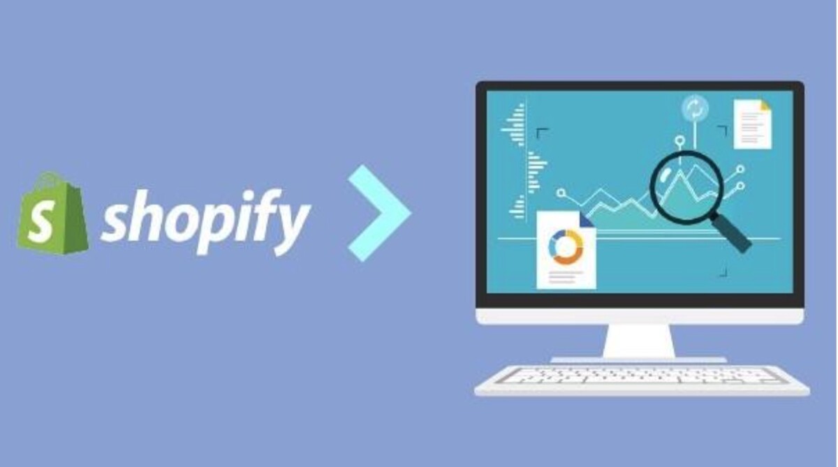 Shopify logo followed by an arrow pointing to a computer monitor displaying charts, graphs, and analytics on a blue background, illustrating how you can see Shopify sales and track performance of your Shopify store sales.