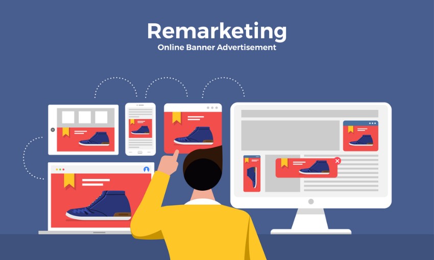 Illustration of a shopper viewing online ads for blue sneakers across multiple digital devices, with the text "Remarketing Online Banner Advertisement" above, showcasing advanced techniques in e-commerce retargeting.