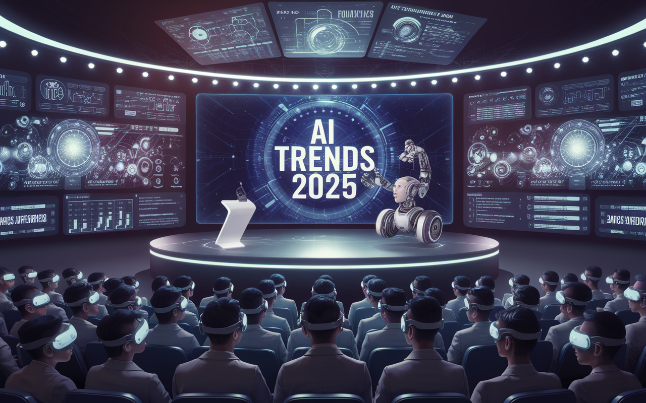 A futuristic conference shows attendees in VR headsets facing a stage with "AI Trends 2025" displayed on a large screen, surrounded by digital interface panels highlighting DTC brands and the future of Shopify.