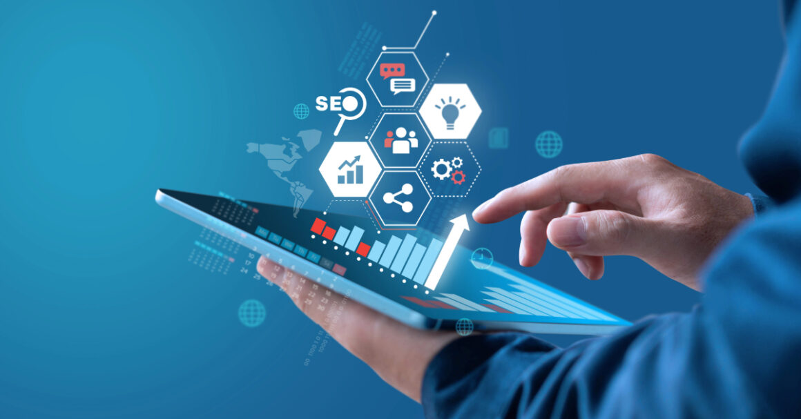 A person uses a tablet displaying digital graphs and charts, with floating icons representing brand success, SEO, analytics, networking, earned media links, and technology concepts.