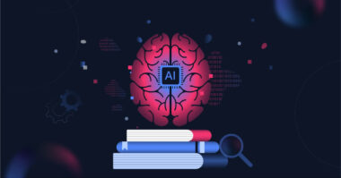 Illustration of a brain with a microchip labeled "AI" in the center, binary code, gears, and three books with a magnifying glass in the foreground, highlighting the impact of AI in education.