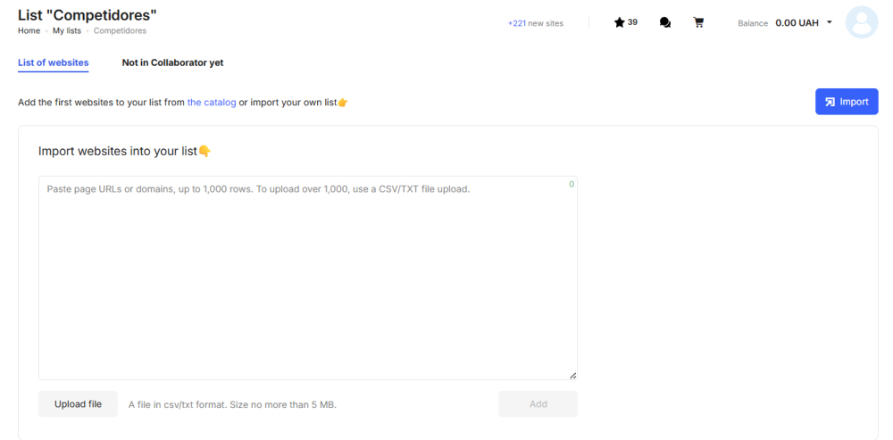 Collaborator competitors list interface showing empty list with options to import websites via text input or CSV/TXT file upload.