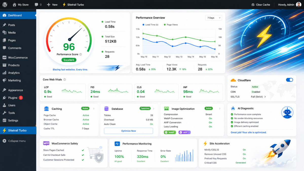 Sitetrail Turbo vs WP Rocket: Which WordPress Speed Plugin Is Better for Elementor, WooCommerce and Cloudflare?