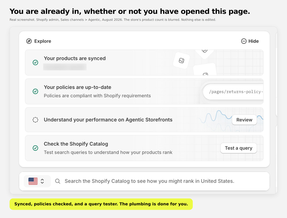 The Shopify admin Agentic page showing products already synced, policies compliant and a query tester.
