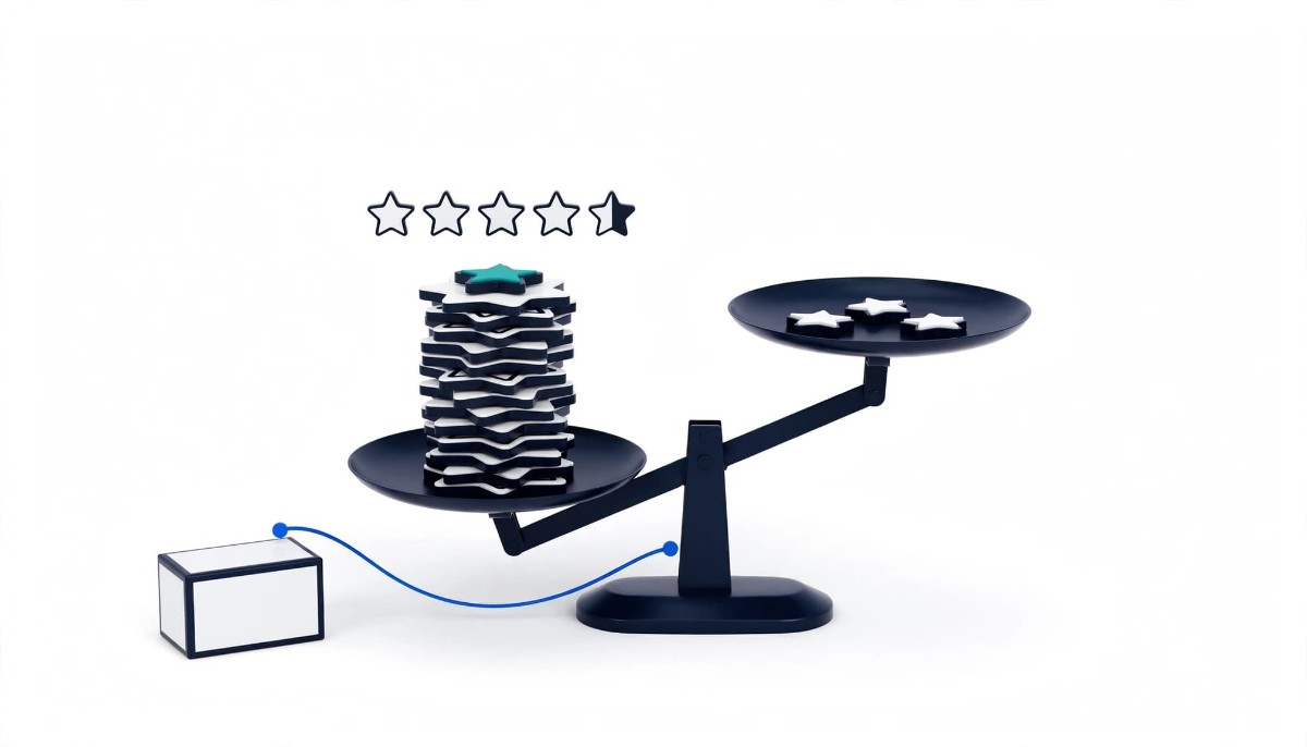 A dark navy balance scale tipped toward a tall stack of white star tokens topped with a teal star, outweighing three loose stars on the raised pan, with a four and a half star row above