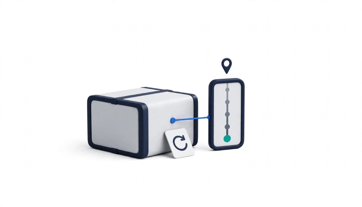 Navy-edged shipping parcel connected by a blue line to a phone-style tracking panel with a teal delivered dot, beside a small return label
