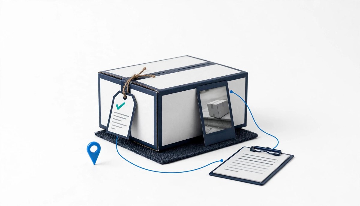 A delivered shipping parcel on a doormat with a checked delivery tag, a photo print of the drop-off, and a clipboard, linked by thin blue lines and a blue location pin