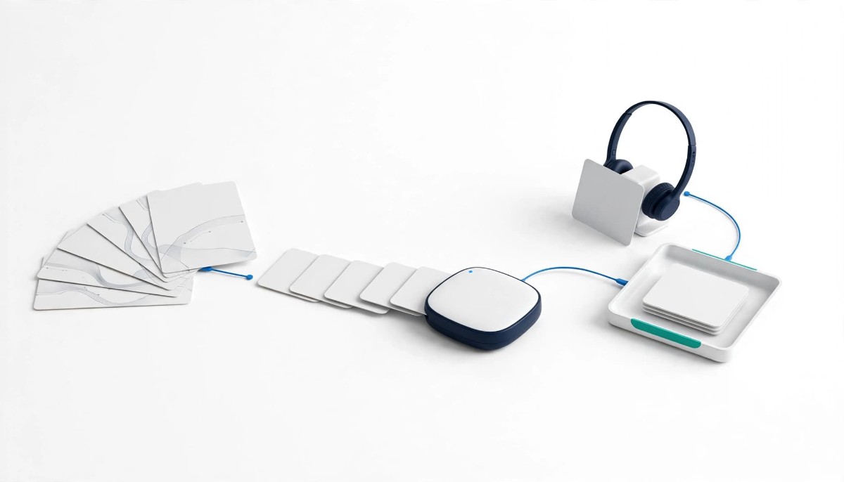 A stack of blank message cards flowing into a navy routing hub, which sends most cards to a tidy tray and one card to a headset on a stand, on a white background.