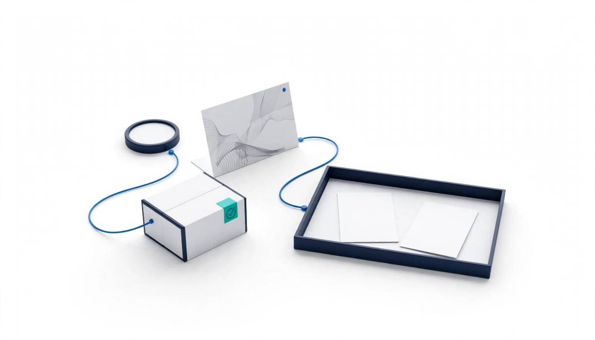 A white parcel box with a teal check tag, a document card and a navy dial linked by thin blue lines to a navy-rimmed tray holding only two blank cards
