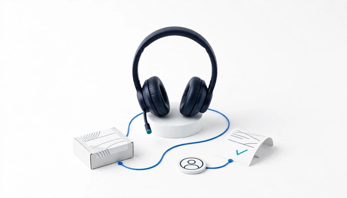 Navy support headset on a white pedestal linked by blue lines to a parcel, a customer profile token and a receipt with a teal check