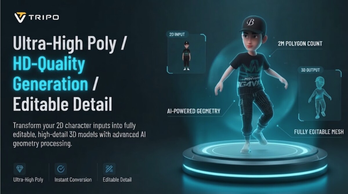 Tripo image to 3D model generation turning a 2D character image into a 2M polygon editable 3D mesh