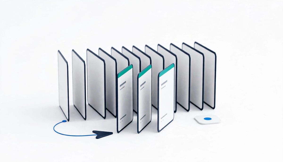 A row of thin white cards with dark navy rims, three pulled forward with teal tops, and a navy pointer linked by a thin blue line to the first forward card