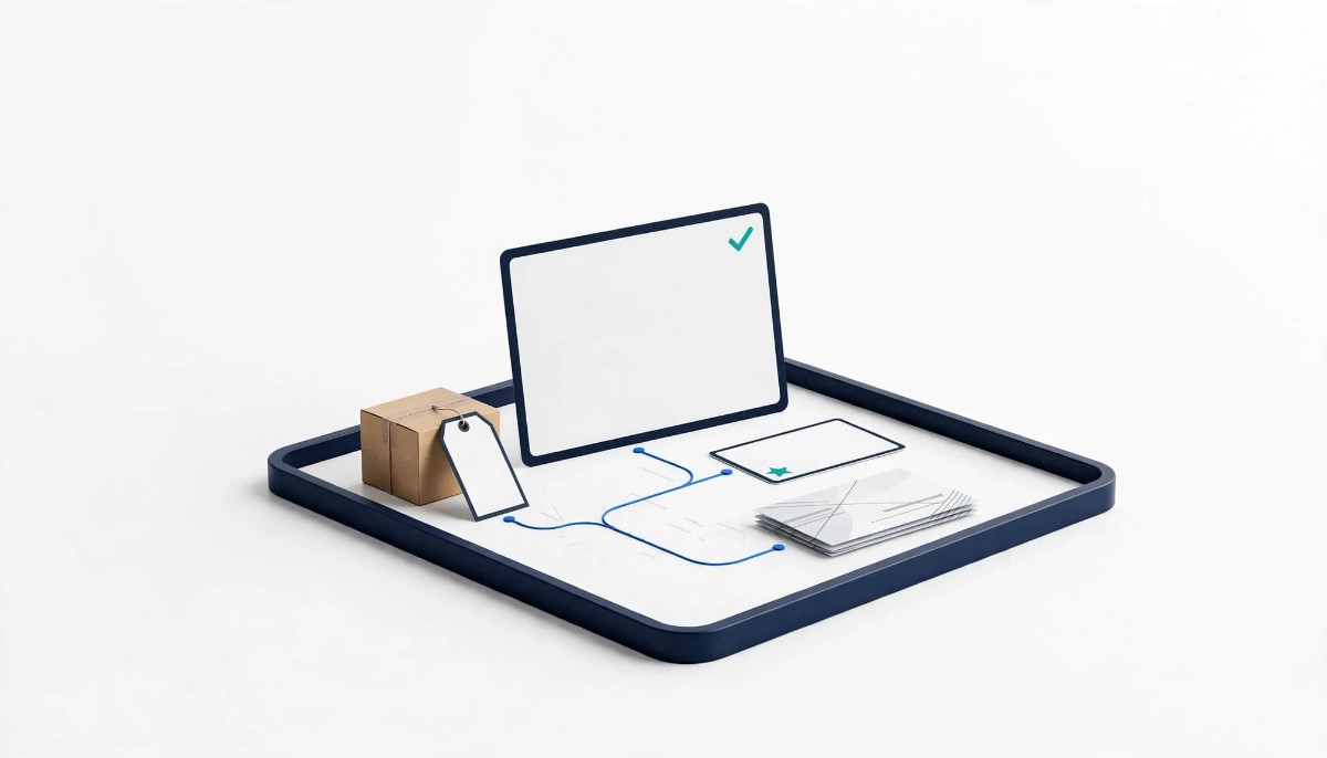 A white service counter with a blank reply card, a parcel, a loyalty card and order slips linked by thin blue lines