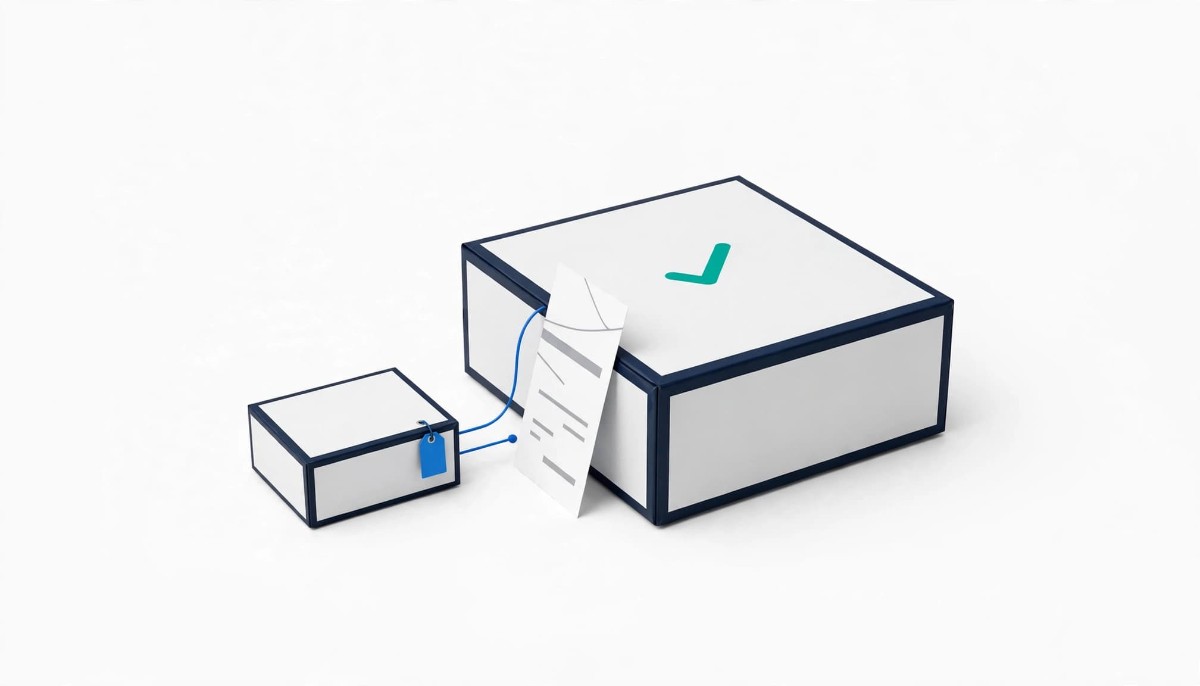 A large white parcel with a teal check mark and a much smaller parcel with a blue tag joined to it by a thin blue line, beside a blank receipt card