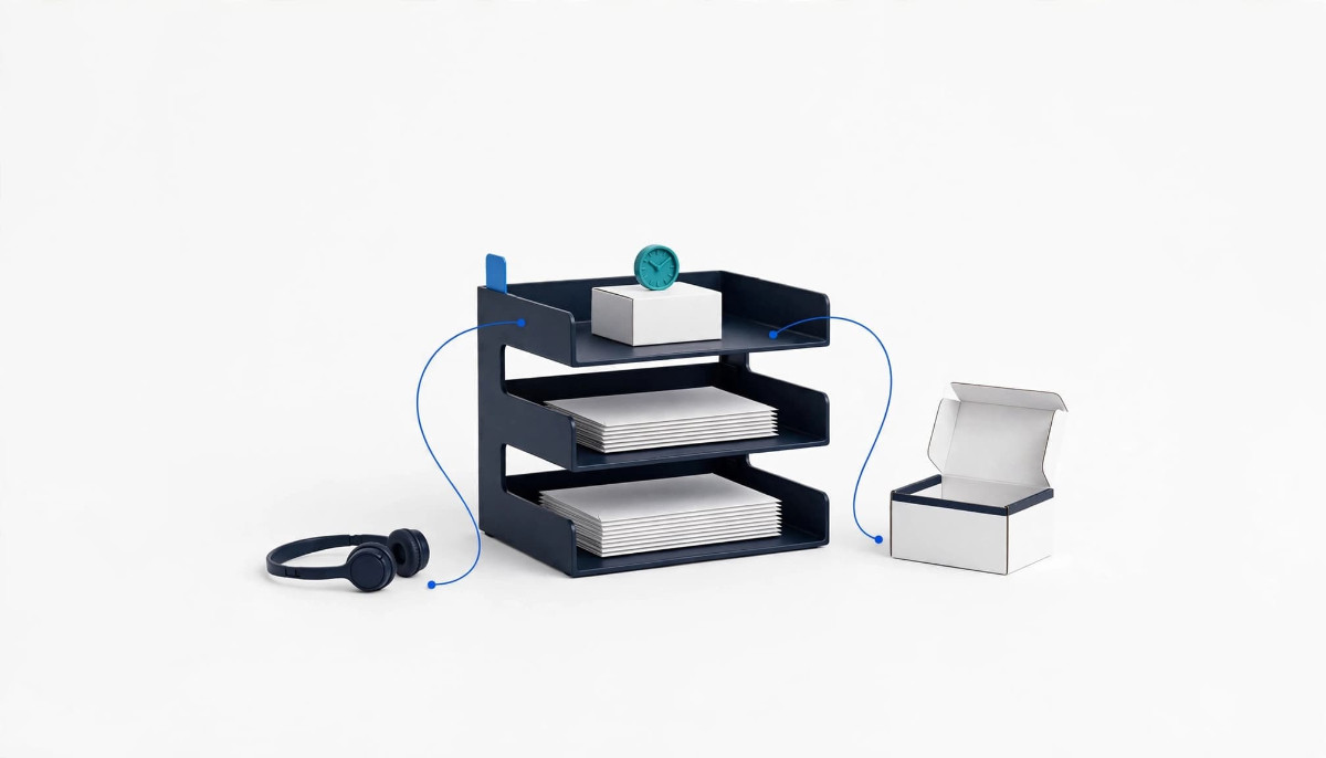 Dark navy three tier sorting tray with a small parcel and teal clock on the top tier, envelopes below, linked by thin blue lines to a headset and an open shipping box on a white background