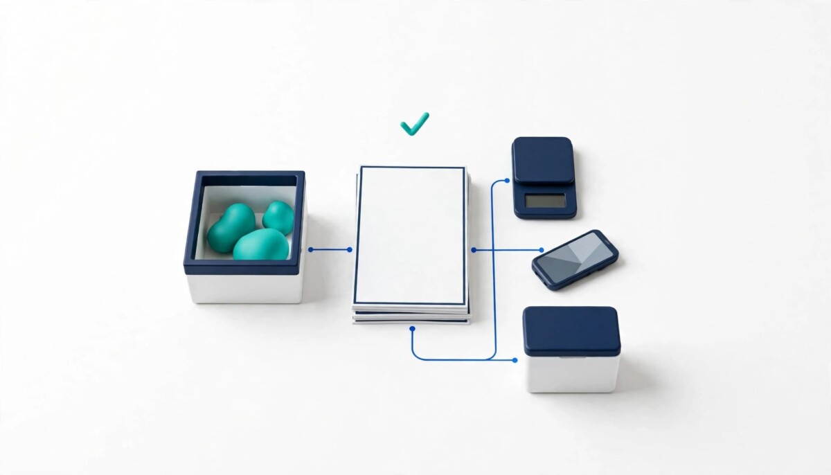 Produce crate, stack of invoices, digital scale, card reader and delivery box joined by thin blue lines, showing the path from order to payment