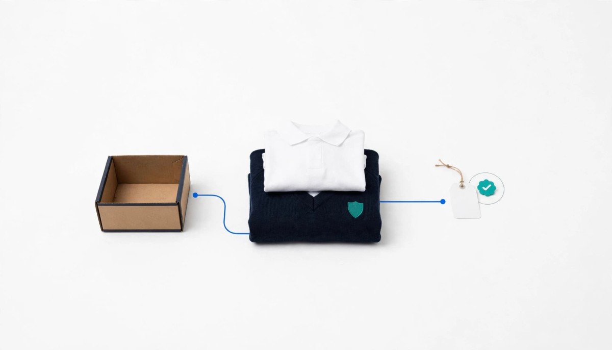 Folded navy school jumper and white polo shirt linked by thin blue lines to an empty cardboard parcel box and a blank size tag with a teal check badge