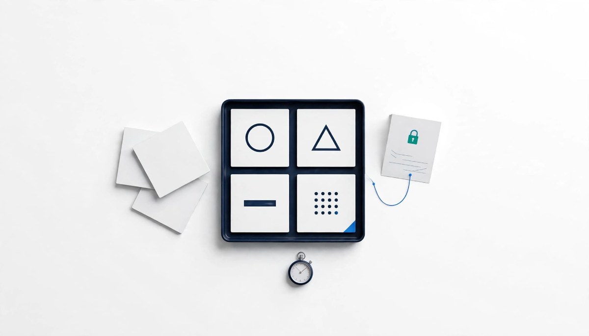 A navy-rimmed tray holding four app tiles, three removed tiles set aside, and a teal padlock card linked to the tray, illustrating a short owned Shopify app stack before Black Friday