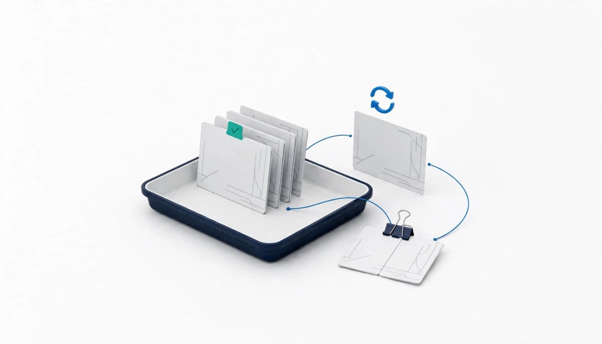 A navy-rimmed tray of blank document cards, one marked with a teal check, beside a card under a blue refresh symbol and two cards clipped together, linked by thin blue lines on a white background