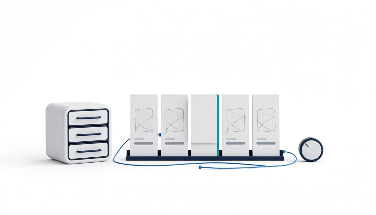 Row of white product tiles in a navy rack with the middle tile returned to its slot, linked to an archive box and a dial turned back one notch